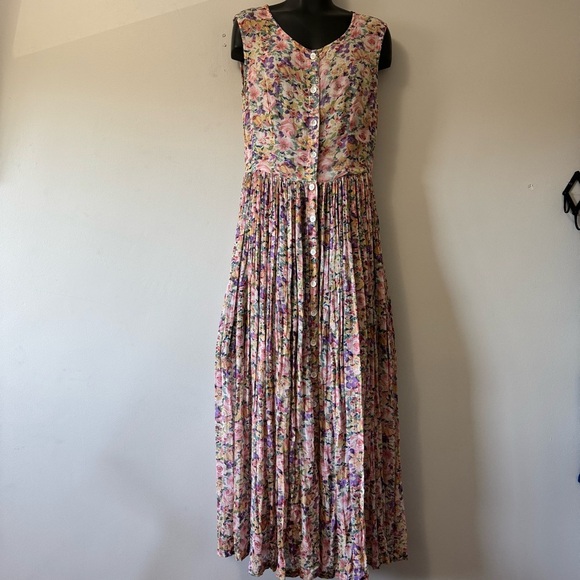 Vintage x Daiquiri Pink Tan Pleated V-Neck Maxi Sundress - Picture 2 of 8